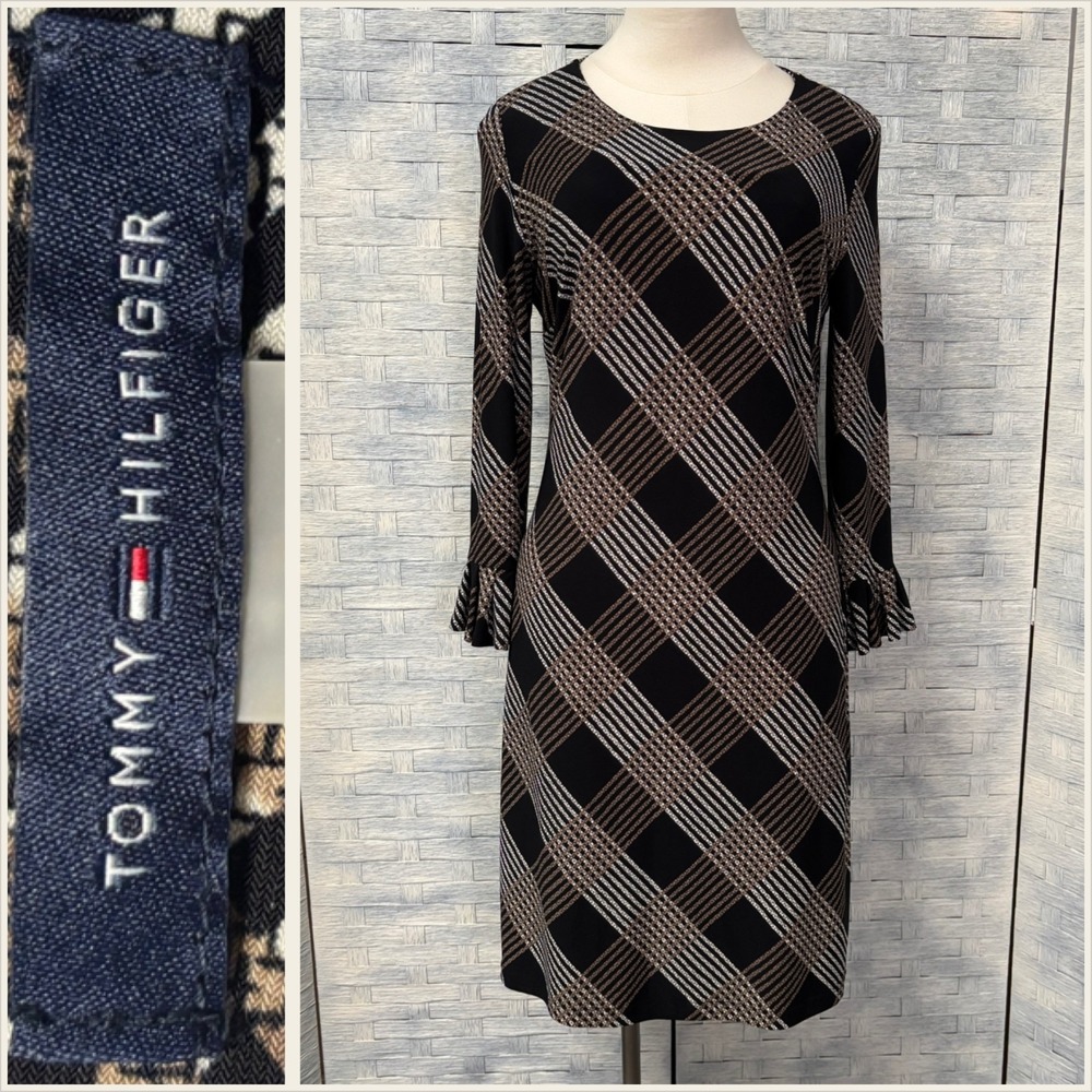 Tommy Hilfiger Womens‎ 8 Black Brown White Plaid Long Sleeve Dress